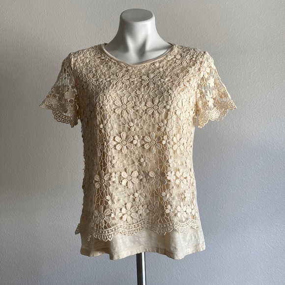 Ann Taylor Short Sleeve Crochet T-shirt Cream Size M - Picture 1 of 10